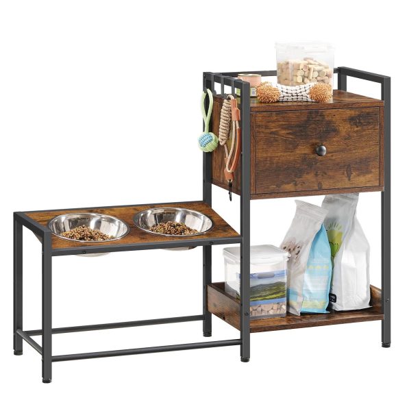 Adjustable Elevated Pet Feeding Station, 2 Stainless Steel Bowls with Tilted Stand, Storage Drawer & Hooks, Suitable for Dogs and Cats of All Sizes