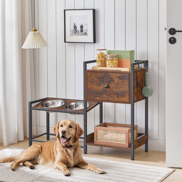 Adjustable Elevated Pet Feeding Station, 2 Stainless Steel Bowls with Tilted Stand, Storage Drawer & Hooks, Suitable for Dogs and Cats of All Sizes