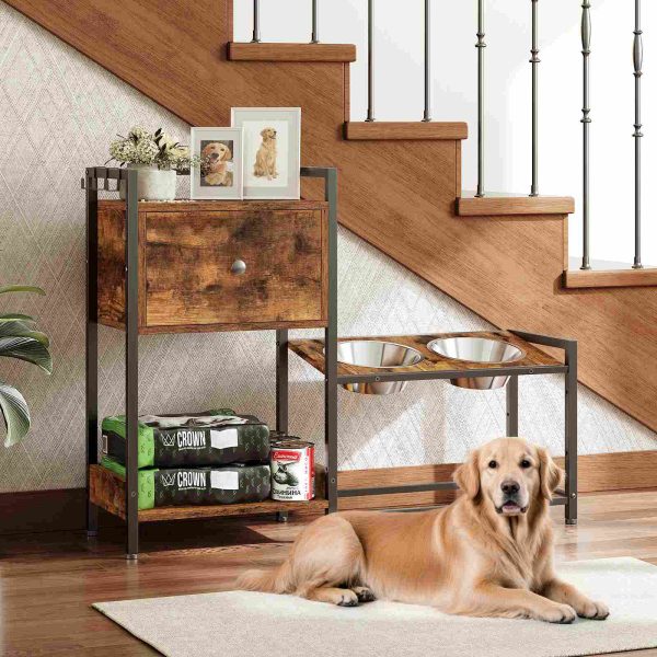 Adjustable Elevated Pet Feeding Station, 2 Stainless Steel Bowls with Tilted Stand, Storage Drawer & Hooks, Suitable for Dogs and Cats of All Sizes
