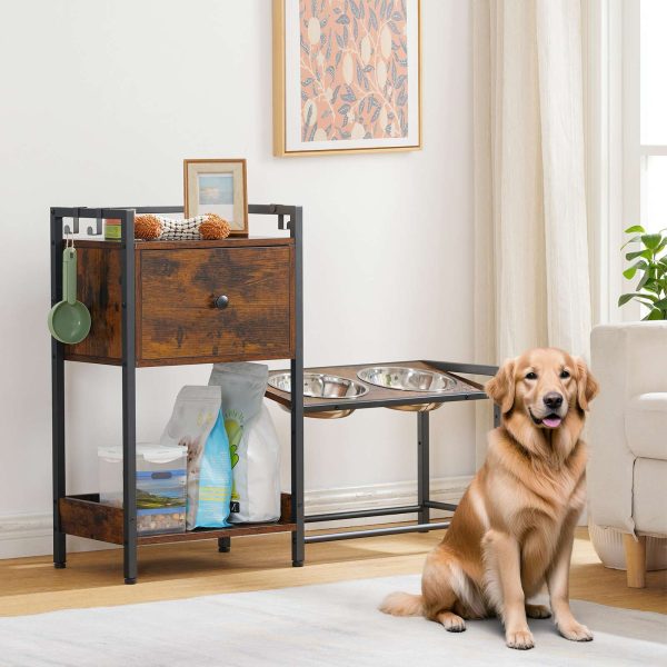 Adjustable Elevated Pet Feeding Station, 2 Stainless Steel Bowls with Tilted Stand, Storage Drawer & Hooks, Suitable for Dogs and Cats of All Sizes