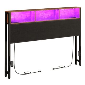 Queen -size -pääty latausasemalla, LED valo, Varastointi, Teollinen tyyli, Korkeus säädettävä, Maalaismainen ruskea & Musta