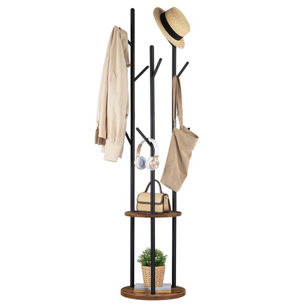 Appendiabiti industriale autoportante, 8-Gancio Appendiabiti con 2 Ripiani portaoggetti rotondi, Adatto per ingresso, Camera da letto e ufficio