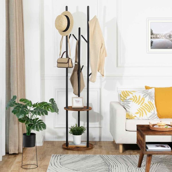 Appendiabiti industriale autoportante, 8-Gancio Appendiabiti con 2 Ripiani portaoggetti rotondi, Adatto per ingresso, Camera da letto e ufficio