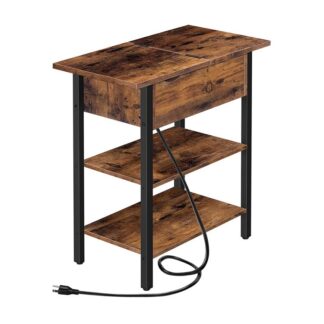 End Table with Charging Station, Narrow Side Table, Flip Top Nightstand with USB Ports and Outlets, Bedside Tables with Shelf for Small Spaces, Living Room, Rustic Brown