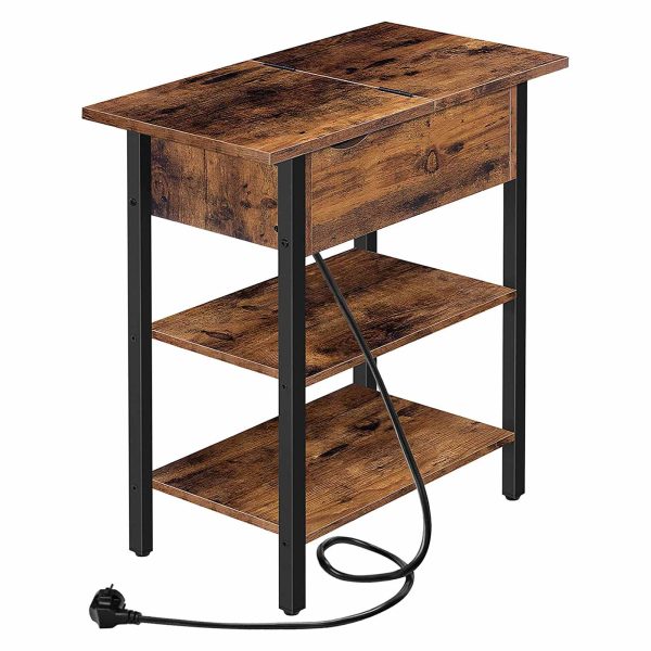 Multifunctional Flip-Top Side Table with Charging Station and Storage Shelf, Narrow Bedside Table for Small Spaces, Bedroom and Living Room, Sturdy Construction, Rustic Brown