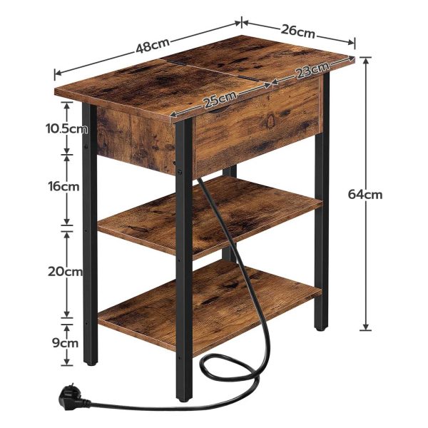 Multifunctional Flip-Top Side Table with Charging Station and Storage Shelf, Narrow Bedside Table for Small Spaces, Bedroom and Living Room, Sturdy Construction, Rustic Brown