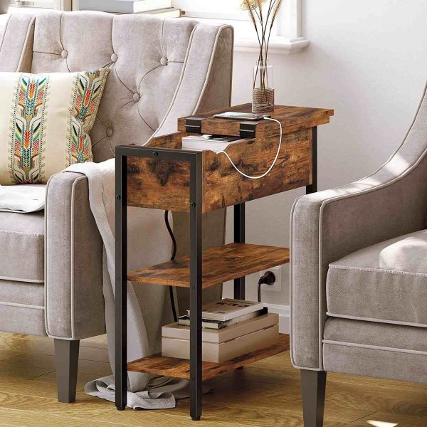 Multifunctional Flip-Top Side Table with Charging Station and Storage Shelf, Narrow Bedside Table for Small Spaces, Bedroom and Living Room, Sturdy Construction, Rustic Brown