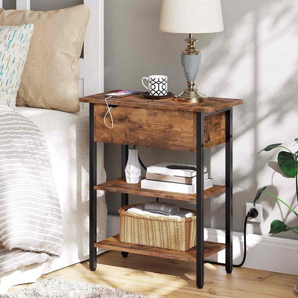 Multifunctional Flip-Top Side Table with Charging Station and Storage Shelf, Narrow Bedside Table for Small Spaces, Bedroom and Living Room, Sturdy Construction, Rustic Brown