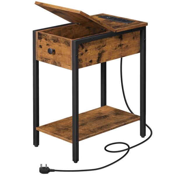 schmuel Säit Dësch, Slim Bettsahn Tabelle mat Opluedstatioun, USB Ports & Power Outlets, Nuetsstand fir Wunnzëmmer, Schlofkummer, flip Top, rustikal brong a schwaarz