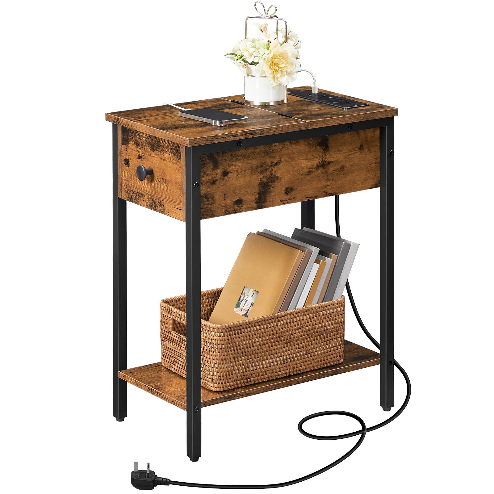 schmuel Säit Dësch, Slim Bettsahn Tabelle mat Opluedstatioun, USB Ports & Power Outlets, Nuetsstand fir Wunnzëmmer, Schlofkummer, flip Top, rustikal brong a schwaarz