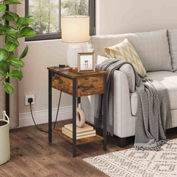 schmuel Säit Dësch, Slim Bettsahn Tabelle mat Opluedstatioun, USB Ports & Power Outlets, Nuetsstand fir Wunnzëmmer, Schlofkummer, flip Top, rustikal brong a schwaarz