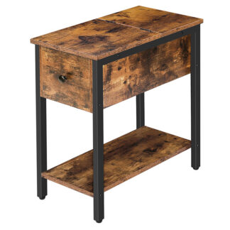 end table, flip top side table with storage shelf, narrow nightstand for small spaces in living room, bedroom, industrial, stable and sturdy construction, rustic brown and black