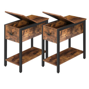 narrow end tables, flip top side table with storage shelf, nightstands, recliner side tables in living room bedroom, space saving, wood look accent table, rustic brown