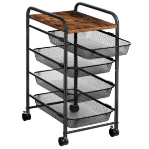 kitchen storage cart, 4 tier rolling cart with wheels, industrial bar cart, lockable utility cart with mesh baskets for narrow space on dining room bathroom, rustic brown and black,