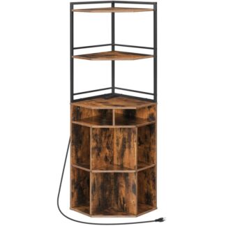 Kulmakaappi, jossa on USB -portit ja pistorasiat, Kulmavarastokaappi latausasemalla, Kulmakuutio kirjahylly, Puinen näyttö kirjahylly pienelle tilalle, Olohuone, Maalaismainen ruskea