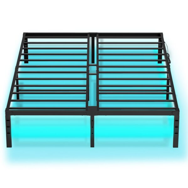 Queen bedframe met LED -lichten, Metalen platformbedframe met laadstation, 2 Verkooppunten en 2 USB-poorten, Robuust queensize bedframe, Voldoende opbergruimte onder het bed, Zwart