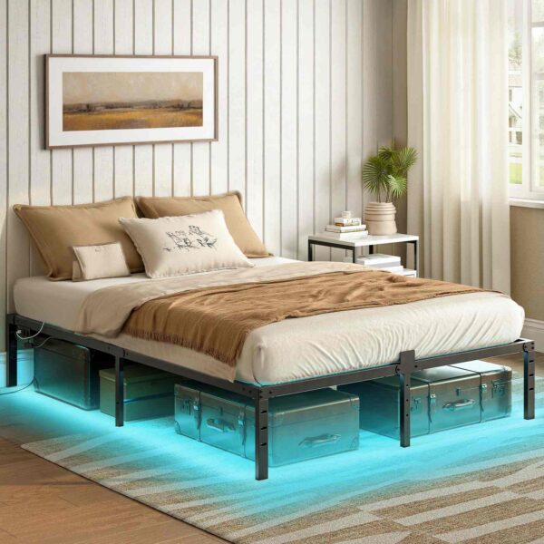 Queen bedframe met LED -lichten, Metalen platformbedframe met laadstation, 2 Verkooppunten en 2 USB-poorten, Robuust queensize bedframe, Voldoende opbergruimte onder het bed, Zwart