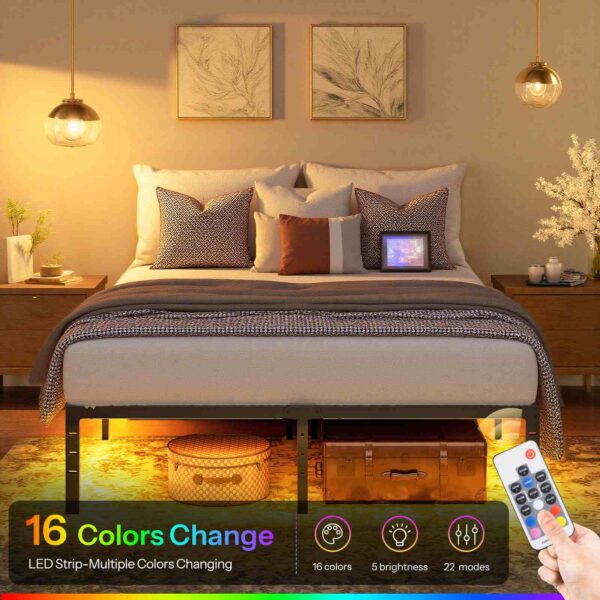 Queen bedframe met LED -lichten, Metalen platformbedframe met laadstation, 2 Verkooppunten en 2 USB-poorten, Robuust queensize bedframe, Voldoende opbergruimte onder het bed, Zwart