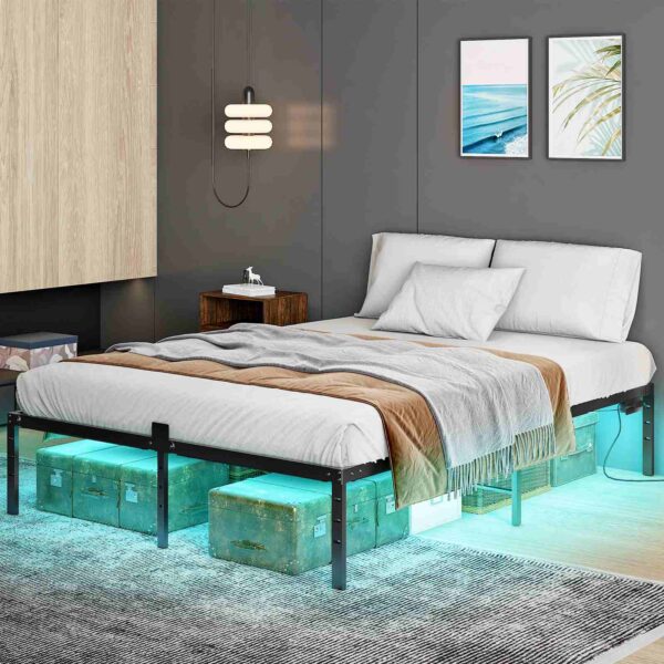 Queen bedframe met LED -lichten, Metalen platformbedframe met laadstation, 2 Verkooppunten en 2 USB-poorten, Robuust queensize bedframe, Voldoende opbergruimte onder het bed, Zwart