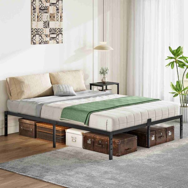 Queen bedframe met LED -lichten, Metalen platformbedframe met laadstation, 2 Verkooppunten en 2 USB-poorten, Robuust queensize bedframe, Voldoende opbergruimte onder het bed, Zwart