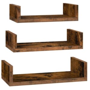 floating shelves u-shaped, wall shelves set of 3, plus sizes 15, 13.8, 11.8 inches, for storage, for bathroom, bedroom, kitchen, office, living room decor, rustic brown