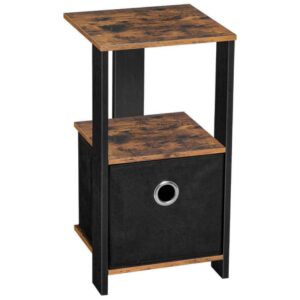 bedside table with pull-out collapsible storage box, retro small nightstand for small space, living room, bedroom, stable and sturdy, rustic brown and black