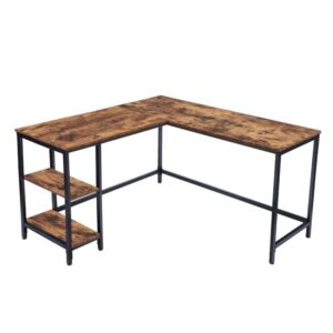 l-shaped computer desk, industrial corner writing desk with adjustable shelves, study workstation for home office, easy assembly, stable and space-saving, rustic brown and black