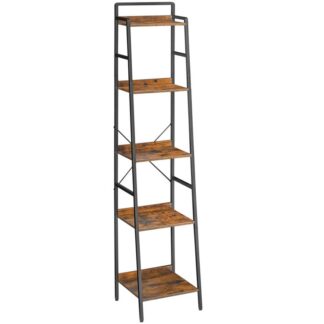 Tikkaat Hylly, Kapea kirjahylly, 5-Tasoinen kirjahylly metallikehyksellä, Korkea säilytyshylly, Teollinen säilytysyksikkö kotitoimistoon, Olohuone, Makuuhuone, Maalaismainen ruskea ja musta