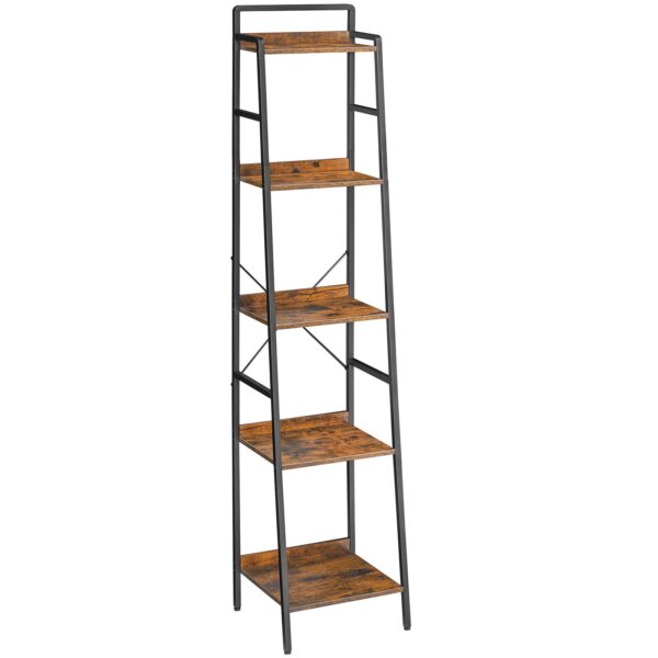 Лестница Полка, Узкий книжный шкаф, 5-Книжная полка яруса с металлическим каркасом, Высокая полка для хранения, Промышленный склад для домашнего офиса, Гостиная, Спальня, Деревенский коричневый и черный