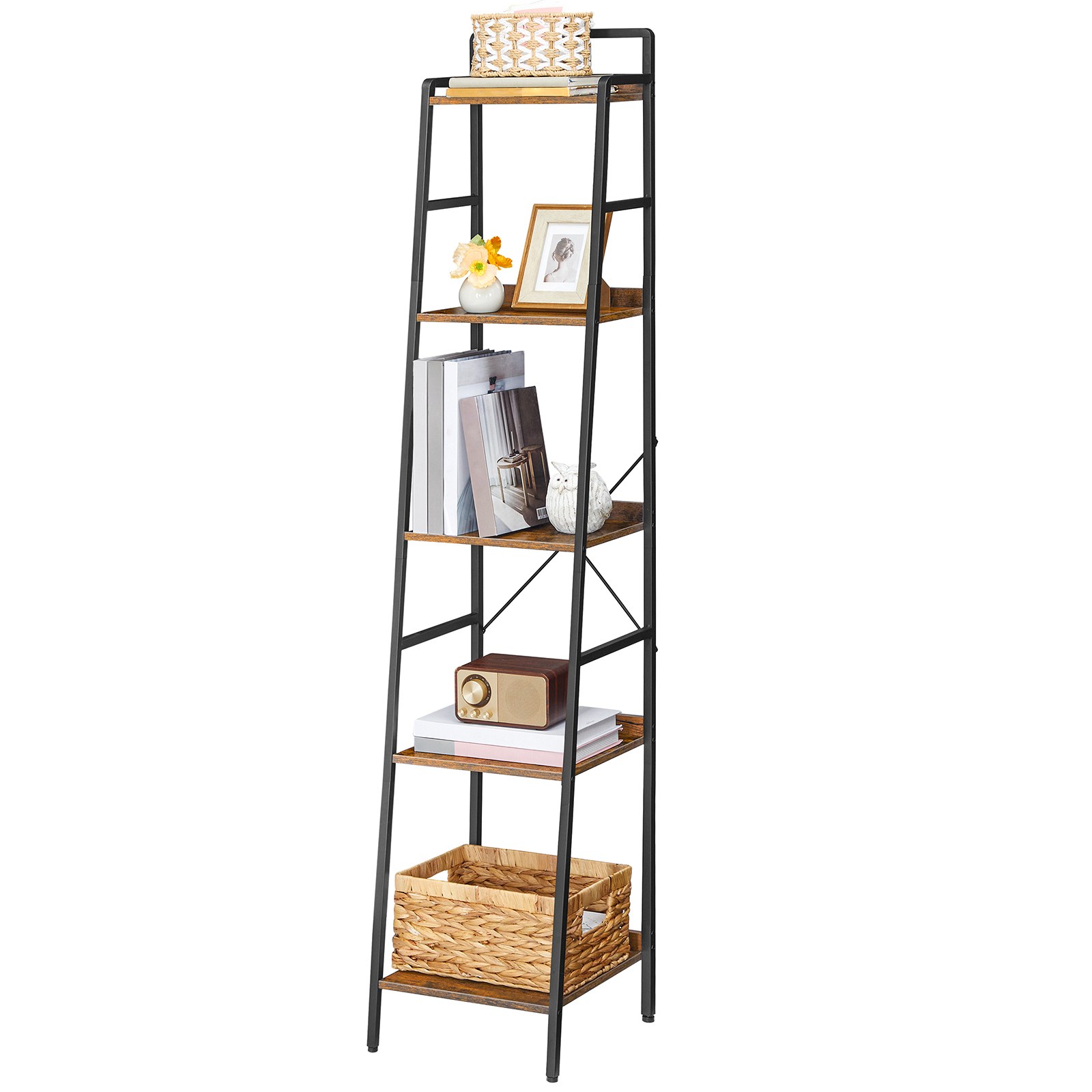 Ladder Shelf, Narrow Bookcase, 5-Tier Bookshelf with Metal Frame, Tall Storage Shelf, Industrial Storage Unit for Home Office, Living Room, Bedroom, Rustic Brown and Black