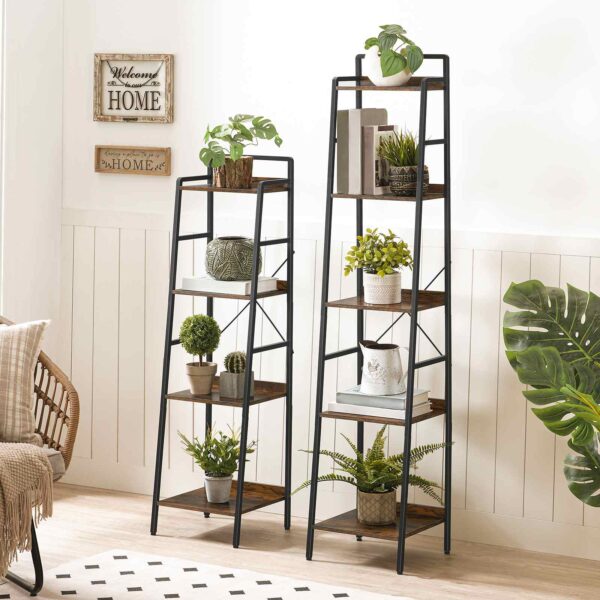 Лестница Полка, Узкий книжный шкаф, 5-Книжная полка яруса с металлическим каркасом, Высокая полка для хранения, Промышленный склад для домашнего офиса, Гостиная, Спальня, Деревенский коричневый и черный