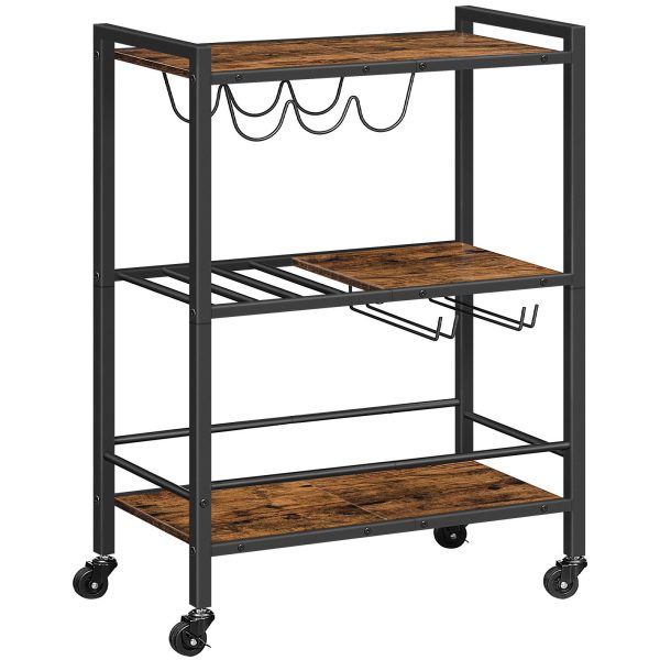 3-Tier Rolling Bar Cart, Multi-Funktioun Home Wäin Cart mat Wäin Rack a Glas Holder, Beweegbar Kichen Serving Cart fir Wunnzëmmer, Party a Bar, Rustikal Braun