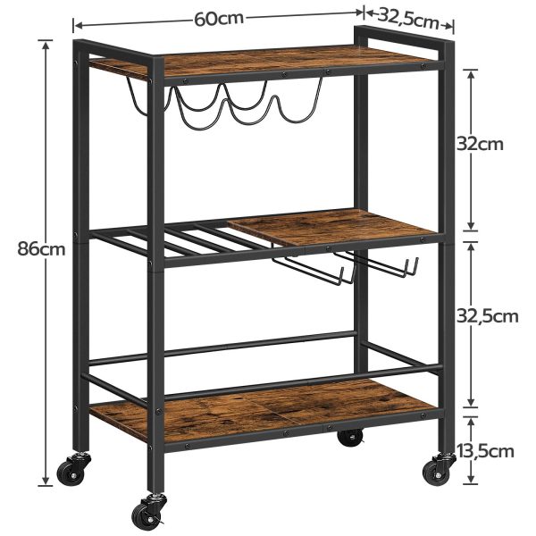 3-Tier Rolling Bar Cart, Multi-Funktioun Home Wäin Cart mat Wäin Rack a Glas Holder, Beweegbar Kichen Serving Cart fir Wunnzëmmer, Party a Bar, Rustikal Braun