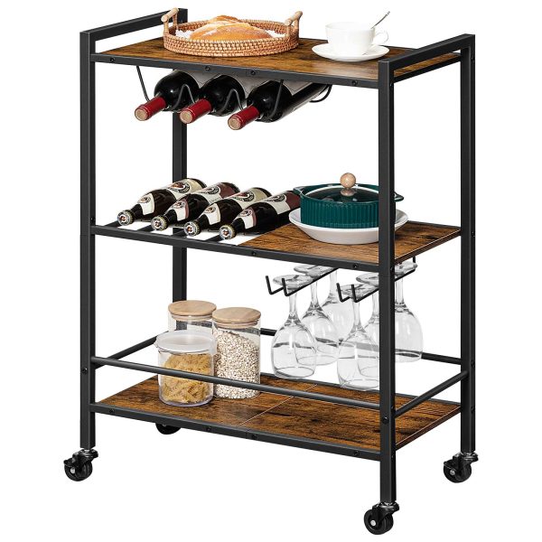 3-Tier Rolling Bar Cart, Multi-Funktioun Home Wäin Cart mat Wäin Rack a Glas Holder, Beweegbar Kichen Serving Cart fir Wunnzëmmer, Party a Bar, Rustikal Braun