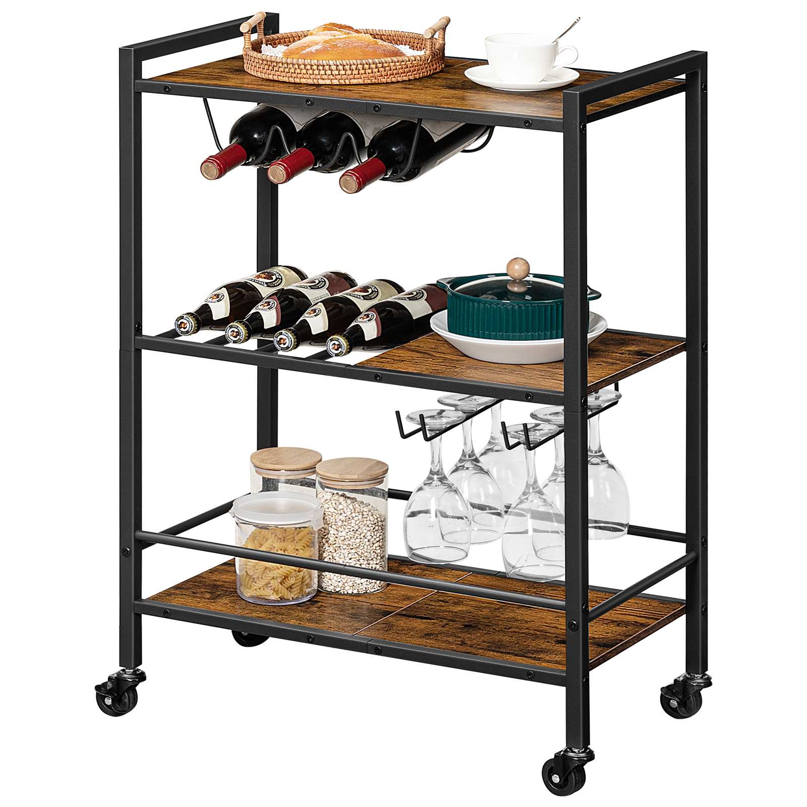 3-Tier Rolling Bar Cart, Multi-Funktioun Home Wäin Cart mat Wäin Rack a Glas Holder, Beweegbar Kichen Serving Cart fir Wunnzëmmer, Party a Bar, Rustikal Braun