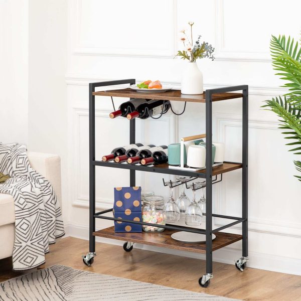 3-Tier Rolling Bar Cart, Multi-Funktioun Home Wäin Cart mat Wäin Rack a Glas Holder, Beweegbar Kichen Serving Cart fir Wunnzëmmer, Party a Bar, Rustikal Braun