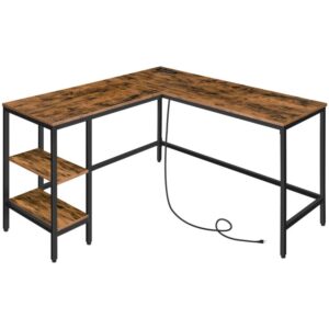 l shaped computer desk with charging station, industrial corner writing desk with adjustable shelves, study workstation for home office, stable and space-saving rustic brown and black