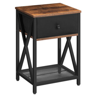 nightstand, end table with foldable storage drawer and mesh shelf, side table, multifunctional x-shaped design bedside table for living room and bedroom, rustic brown and black
