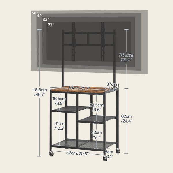Mobile TV Stand with Wheels and Mount, Suitable for 50 Inch TVs, Corner Rolling Entertainment Center with Storage Shelves, for Small Spaces, Living Room, Bedroom, Study, Rustic Brown