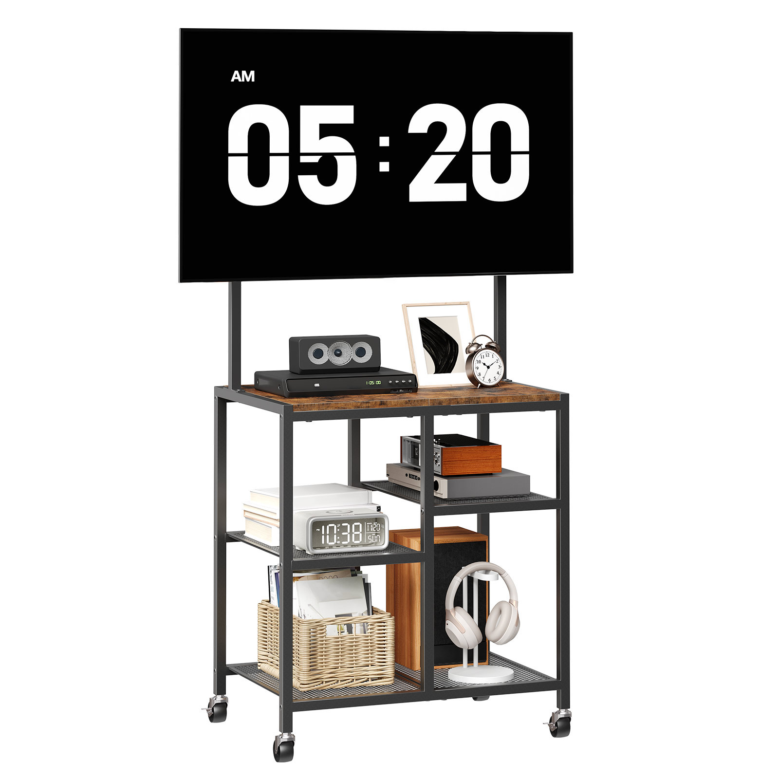 Mobile TV Stand with Wheels and Mount, Suitable for 50 Inch TVs, Corner Rolling Entertainment Center with Storage Shelves, for Small Spaces, Living Room, Bedroom, Study, Rustic Brown