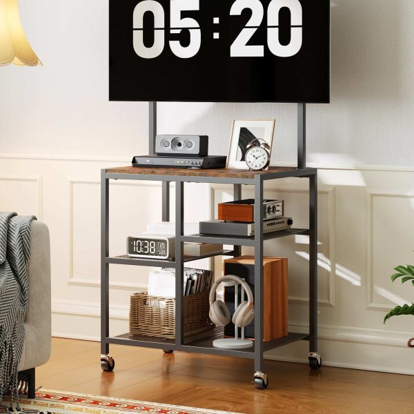 Mobile TV Stand with Wheels and Mount, Suitable for 50 Inch TVs, Corner Rolling Entertainment Center with Storage Shelves, for Small Spaces, Living Room, Bedroom, Study, Rustic Brown