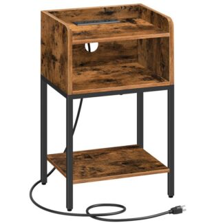 nightstand with charging station, end table with open drawer, side table with usb ports and outlets, for small spaces, bedroom, rustic brown