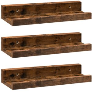 floating shelves, thin wall shelf set of 3, 15 inches hanging shelf with raised edge and invisible brackets, for bathroom, bedroom, toilet, kitchen, living room decor, rustic brown