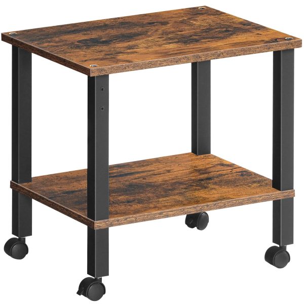Industrial Rollable Printer Stand with Lockable Casters, 2-Tier Printer Trolley for Office Fax Machine, Castanho Escuro & Preto
