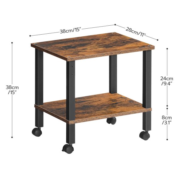 Industrial Rollable Printer Stand with Lockable Casters, 2-Tier Printer Trolley for Office Fax Machine, Castanho Escuro & Preto