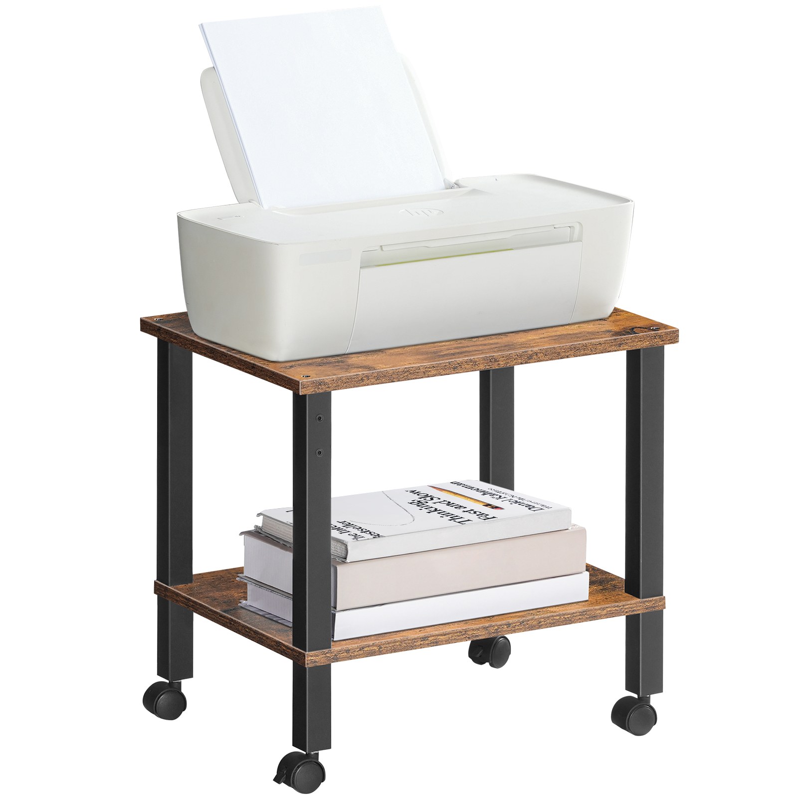 Industrial Rollable Printer Stand with Lockable Casters, 2-Tier Printer Trolley for Office Fax Machine, Tmavě hnědá & Černý