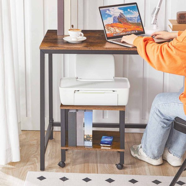 Industrial Rollable Printer Stand with Lockable Casters, 2-Tier Printer Trolley for Office Fax Machine, Castanho Escuro & Preto