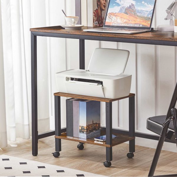 Industrial Rollable Printer Stand with Lockable Casters, 2-Tier Printer Trolley for Office Fax Machine, Castanho Escuro & Preto
