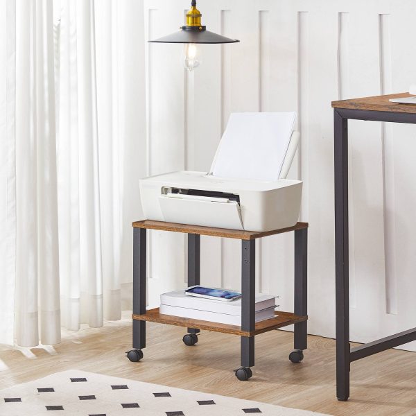 Industrial Rollable Printer Stand with Lockable Casters, 2-Tier Printer Trolley for Office Fax Machine, Castanho Escuro & Preto