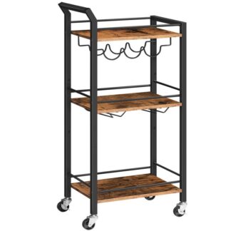 Barwagen, Servierwagen für die Hausbar mit 3-stufigem Mikrowellenwagen, Getränkewagen, Mobiles Küchenregal mit Weinregal, Rollbarer Getränkewagen, Rustikalbraun und schwarz